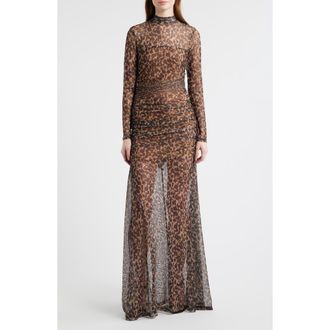 Black Halo Scarlett Long Sleeve Sheer Mesh Gown in Leopard Jersey at Nordstrom, Size 12