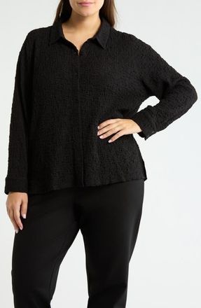 Eileen Fisher Slim Organic Cotton Blend Knit Button-Up Shirt in Black at Nordstrom, Size 1X