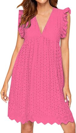 Generic Womens Lace Jacquard Cutout Pocket Liner Shorts with V-Neck and Plus Size Dress Womens Summer Mini Dress Sexy, Hot Pink, XXL