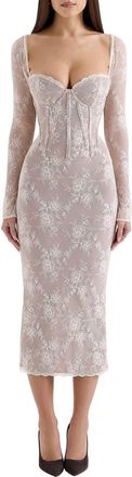 House of CB Saisha Long Sleeve Lace Cocktail Midi Dress in Vintage Cream at Nordstrom, Size X-Small A