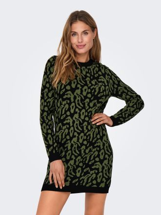 Only Strickkleid ONLY ONLJENNI LS ANIMAL DRESS EX KNT, Damen, Gr. XS, N-Gr, schwarz pattern:olive night leo, Strick, Obermaterial: 50% Viskose, 27% Nylon, 