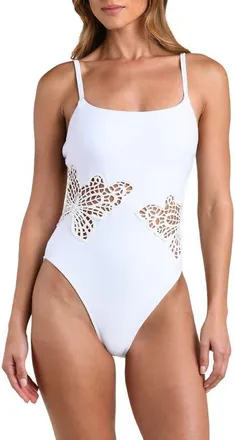 L'agence Butterfly Crochet Appliqu&eacute; One-Piece Swimsuit in White at Nordstrom, Size X-Small