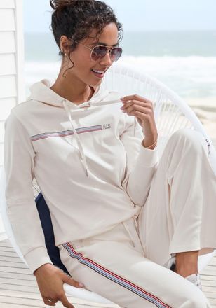 H.I.S Hoodie H.I.S, Damen, Gr. 36/38, beige (ecru), Interlock, Obermaterial: 60% Baumwolle, 40% Polyester, bedruckt, unifarben, Basic, bequem h&uuml;ftlang, ohne