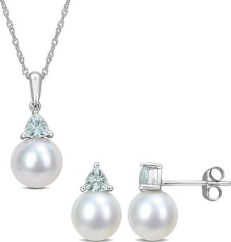Mimi & Max 8-8.5mm Cultured Freshwater Pearl 5/8ct TGW Aquamarine Jewelry Set 10k White Gold