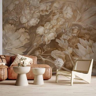 OEM Carta Da Parati Fotografica - Ornamenti Floreali Intagliati In Delicate Tonalit&agrave; Seppia E Marrone / Ornamenti Floreali E Vegetali Intagliati