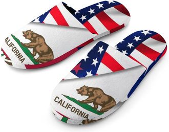 Generic U.S. Flag And California State Flag Mens Slippers Flannel Warm House Shoes with Rubber Anti-Slip Sole Slip On for Home Outdoor