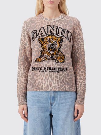 Ganni Maglia slim fit in lana merino con stampa animalier e logo