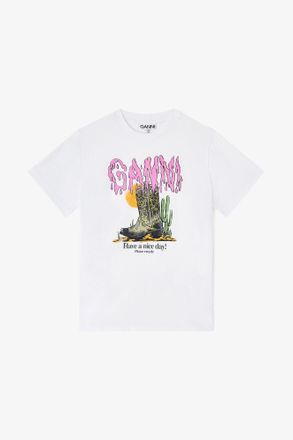 Ganni White Western Boot Print T-shirt - Size XXS Organic Cotton