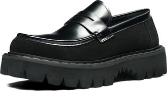 Generic Mens Slip on Platform Loafers Chunky Block Heel Casual Shoes Round Toe Patent Leather Smart Shoes,Black,5.5 UK