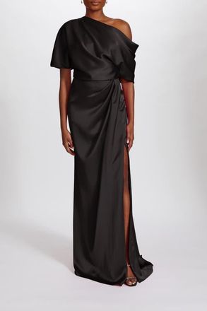 Amsale Fluid Satin Off-the-Shoulder Gown in Black at Nordstrom, Size 16