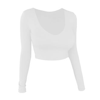 Generic Women Short Sleeve T Shirt Leisure Sexy Solid Color Large Neckline U Neck Long Sleeve Short Open Umbilical Top All Oversized Tee (C-White, S)