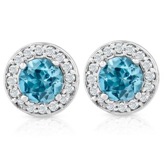 Pompeii3 3/4ct Halo Diamond Blue Topaz Studs 14K White Gold