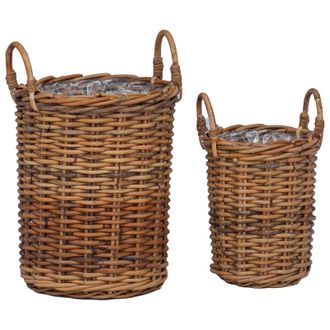 vidaXL Cesta De Plantas Con Almacenamiento 2 Pcs Marr&oacute;n Rat&aacute;n Kubu Vidaxl