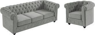 Vente-Unique Sofá 3 plazas y sillón de terciopelo CHESTERFIELD - Gris plata