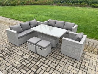 Fimous 9 Seater Outdoor PE Rattan Garden Funiture Set Adjustable Rising Lifting Table Sofa Dining Set with Armchair 2 in Light Grey