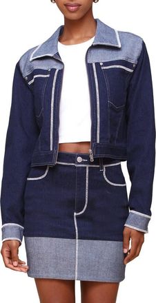 Avec Les Filles Colorblock Crop Denim Jacket in Dark Rinse Wash at Nordstrom, Size Medium