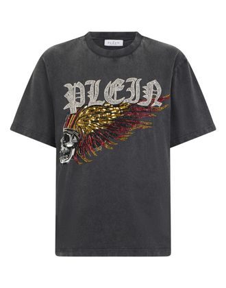 Philipp Plein Washed Round Neck T-Shirt Eagle Skull Skull