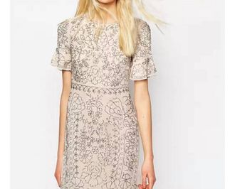 Needle & Thread Linear Motif Embellished Shift Dress In Beige
