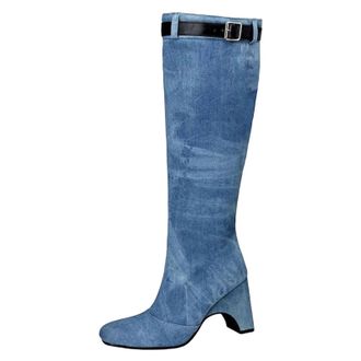 Generic Womens Fashion Knee High Boots Square Toe Super High Strange Heel Slip On With Metal Belt Buckle For Leisure