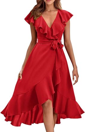 Generic Womens Summer Dresses Size 14 Women Summer Wrap Maxi Dress Casual V-Neck Ditsy Dress Tie Waist Sleeveless Ruffle Beach Dress High Low Hem Sun Dresses 