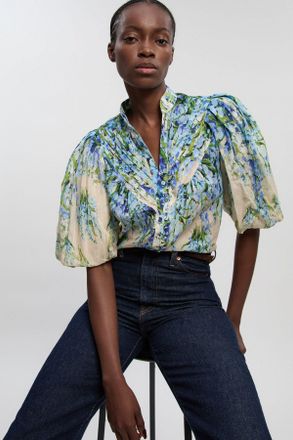 Karen Millen Womens Floral Silk Cotton Puff Sleeve Woven Blouse - Blue - Size 16 UK