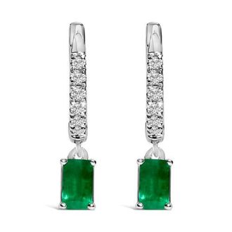 House of Brilliance 10K White Gold Oval Green Emerald and 1/8 Ct Diamond Drop Earrings at Nordstrom