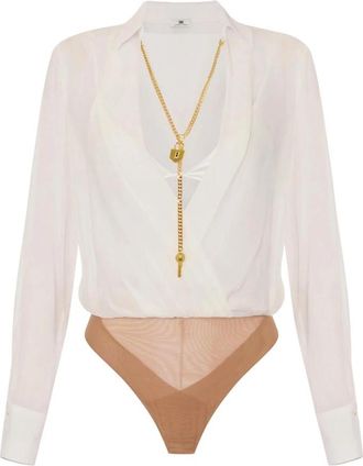 Elisabetta Franchi Bodysuit in georgette stof met juwelenketting - Dames - Bodies - Beige - XL - Satijn - Tops