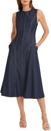 Maggy London Contrast Stitch Sleeveless Denim Midi Dress in Indigo Denim at Nordstrom Rack, Size 8