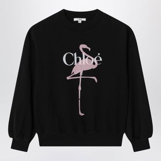 Chlo&eacute; Felpa nera in cotone con stampa fenicottero