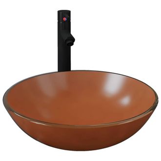 Berkfield Home Bathroom Sink with Tap & Push Drain Brown Tempered Glass