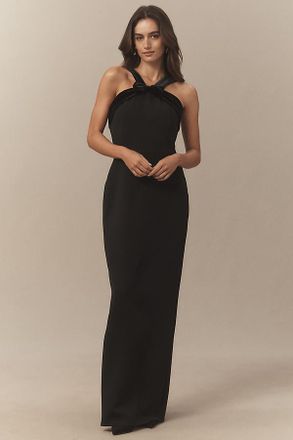 Shoshanna Midnight Gala Velvet Bow Stretch Crepe Maxi Dress