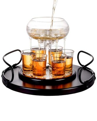 Alice Pazkus Shot Glass Dispenser With 6 Glasses On Wood Tray