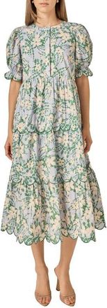 English Factory Floral Scallop Trim Tiered Midi Dress in Blue at Nordstrom, Size X-Small