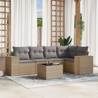 vidaXL Juego De Sof&aacute;s Jard&iacute;n Con Cojines 6 Pzas Rat&aacute;n Sint&eacute;tico Beige Vidaxl