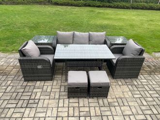 Fimous 7 Seater Rattan Outdoor Garden Furniture Set Rectangular Dining Table & Chair Sofa Set With 2 Side Tables in Dark Grey