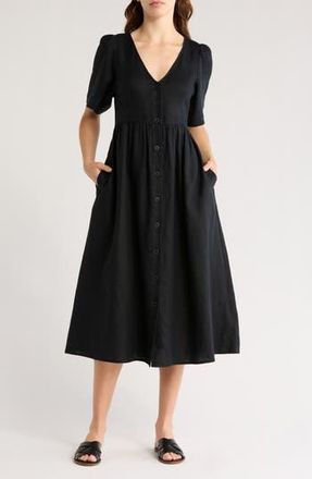 Madewell Riley Button Front Linen Midi Dress in True Black at Nordstrom Rack, Size Xx-Small