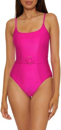 BECCA by Rebecca Virtue Monte Carlo Belted Rib One-Piece Swimsuit in Azalea at Nordstrom Rack, Size Medium