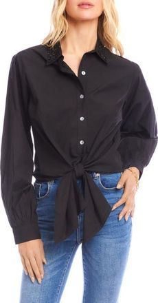 Karen Kane Tie Front Embellished Collar Cotton Button-Up Shirt in Black at Nordstrom, Size X-Large