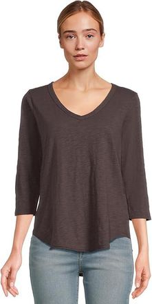 Mod-o-doc 3/4 Sleeve V-Neck T-Shirts with Curved Hem Womens Clothing Washed Ebony1 : LG (US 12-14), Cotton