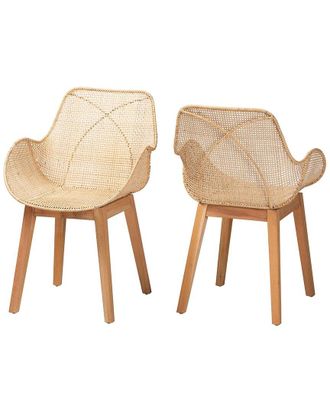 Baxton Studio Set Of 2 Ballerina Japandi Mahogany & Rattan Dining Chairs