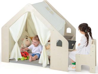 Costway Costway - Tienda De Campa&ntilde;a Para Ni&ntilde;os De Madera 6 En 1, Casita Infantil Con Pizarra, Escritorio, Silla, Contenedor De Almacenamiento Y Tapete, Cortin