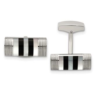 Diamond2Deal Stainless Steel Polished Mother of Pearl and Onyx Cufflinks