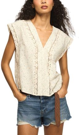 Lucky Brand Floral Lace Inset Linen Blend Pintuck Top in Cream Ditsy at Nordstrom, Size Xx-Large