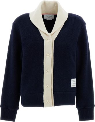 Thom Browne Blue/White Wool Fleece Shawl Collar Cardigan