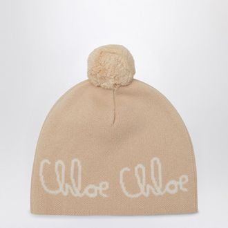 Chlo&eacute; Beige pom-pom beanie with logo