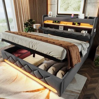 Matteo Upholstered Bed with LED, USB, Hydraulic Storage - Super King Grey