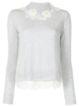 Onefifteen floral- appliqu&eacute; mock-neck knitted jumper - Grey