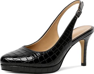 EDEFS Womens Crocodile Black Slingback Heels with 3.5 Inch High Heel Platform Elegant Court Shoes for Office and Evening Wear UK2
