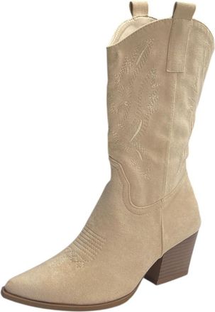 Generic Womens Mid Calf Embroidered Faux Suede Cowboy Ladies Boots Walking Shoes (Beige, One Size, UK Footwear Size System, Adult, Women, Numeric, Medium, 6.5