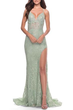 La Femme Rhinestone Lace Embellished Prom Dress with High Side Slit in Sage at Nordstrom, Size 10